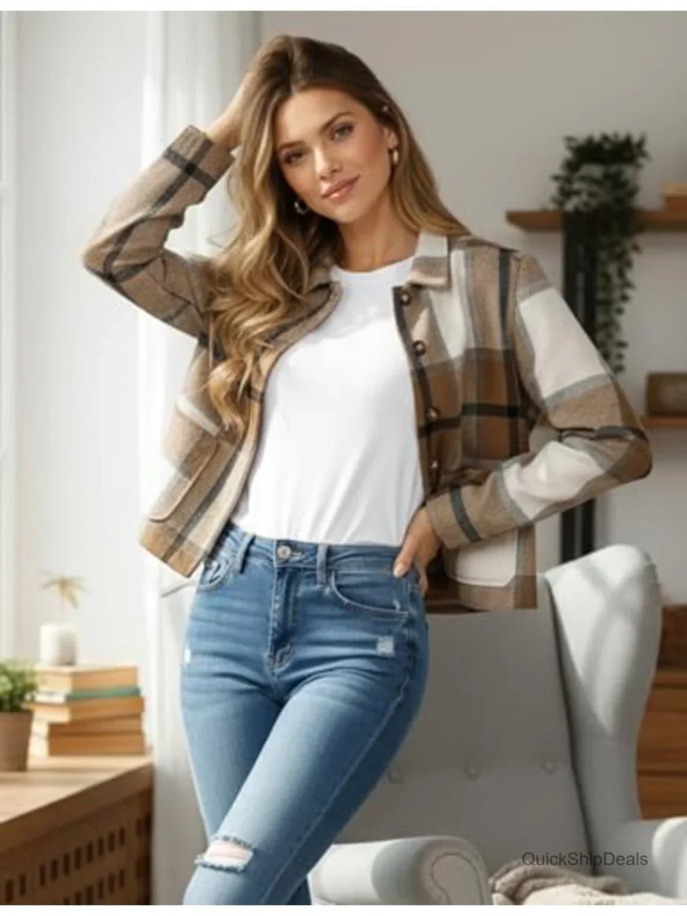 Cropped Plaid Flannel Shacket Casual Button Down Jacket Fall Winter